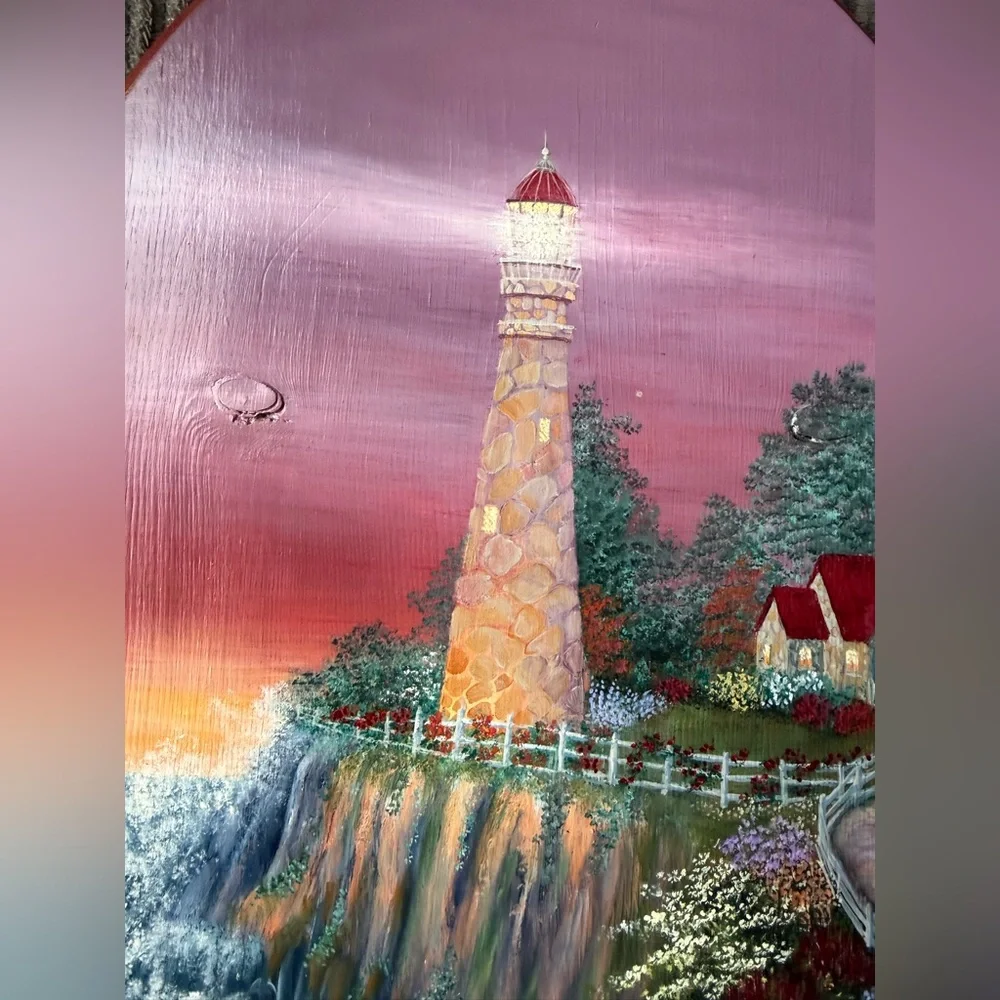 Vintage Sunset Lighthouse Wall Art - Pink, Red, Green Wooden Village Scenery